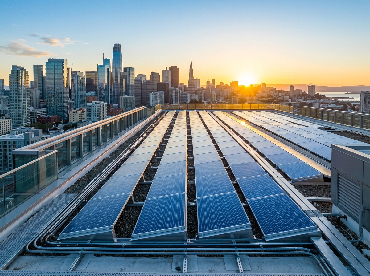 Bright Rooftop Solar Panel Installation with Sunrise and City Skyline